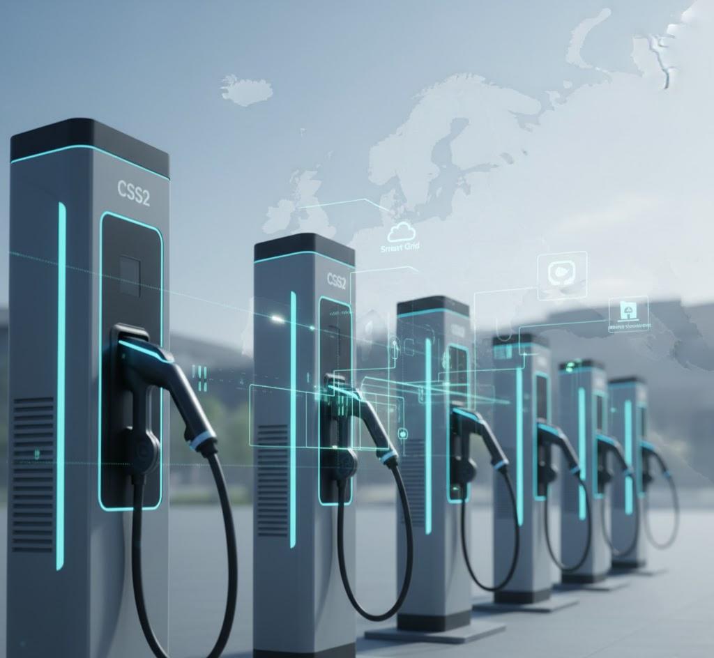 Modern CSS2 pedestal EV charging stations providing reliable, high-speed public charging for electric vehicles in smart city parking.