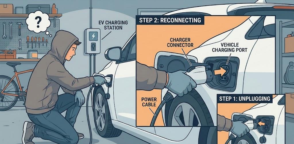 Step-by-step guide showing how to connect a Type 2 charger connector to a home EV charging station wallbox.