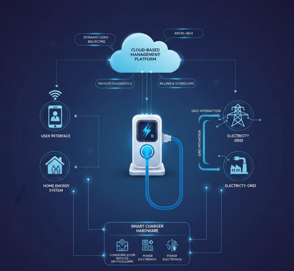 Technical diagram of a smart EV charger connected to cloud management, grid, and user interface.