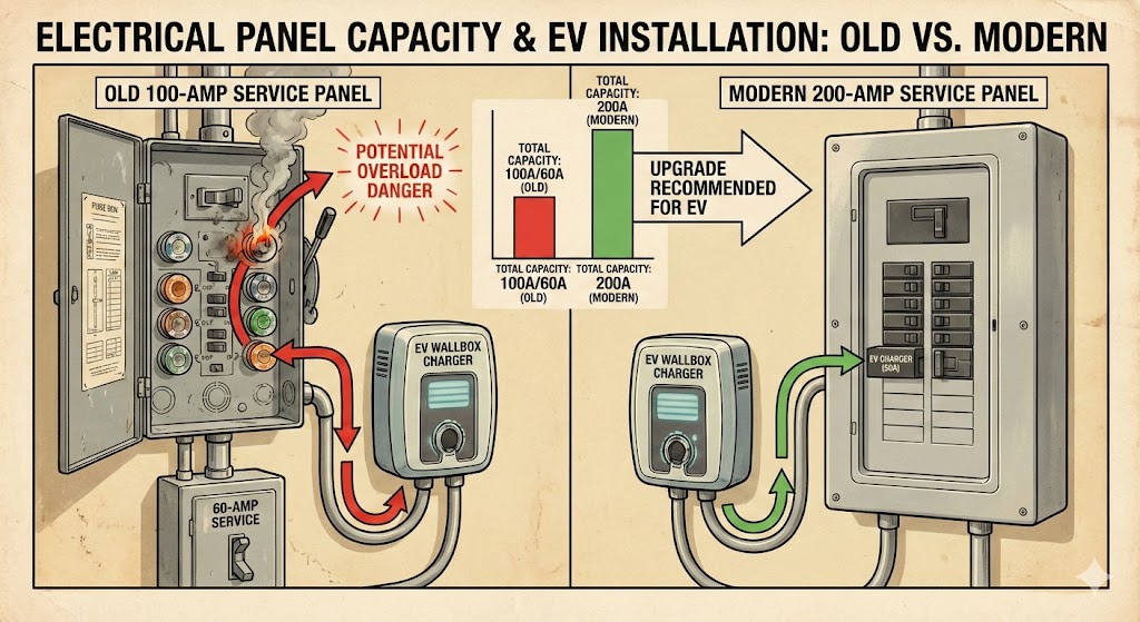 Comparison of old 100A vs. modern 200A electrical panels showing EV charger overload risks.