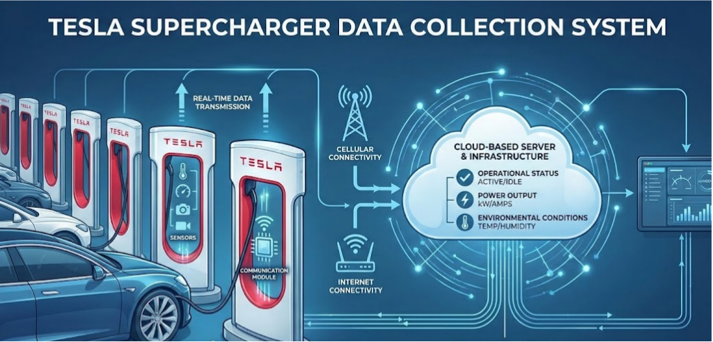 Tesla navigation screen showing a route with real-time Supercharger stall availability.