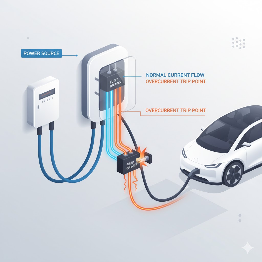 EV charger overcurrent protection diagram showing fuse breaker system ensuring safe and reliable charging flow.