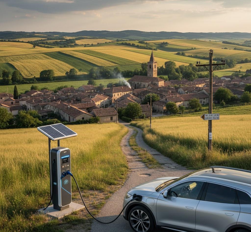 EV charging in a rural European landscape with a traditional village in the background.
