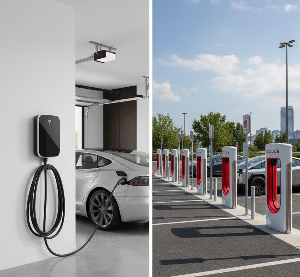 Split-screen photo comparing a home EV wall charger inside a garage (left) with outdoor public Supercharger stations (right).