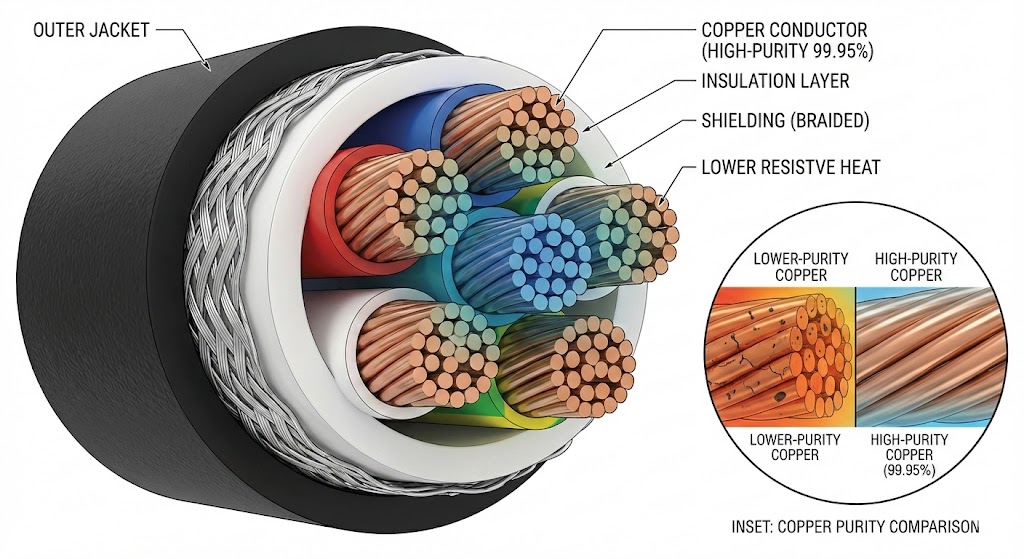 Technical cutaway of EV cable with 99.95% copper conductors and heat-reduction inset comparison.