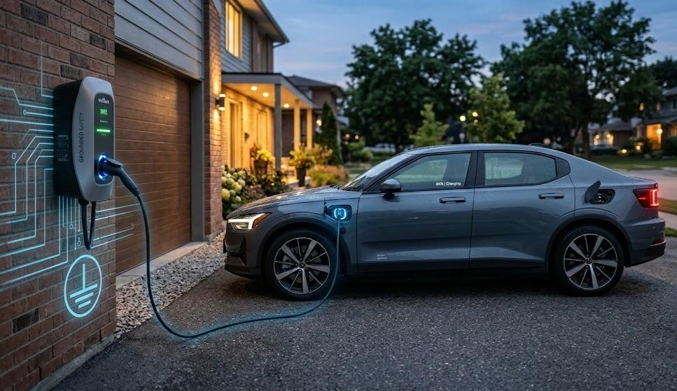 Cinematic photo of an EV charging at dusk; wall charger with glowing circuit overlays and ground symbol to show safety.