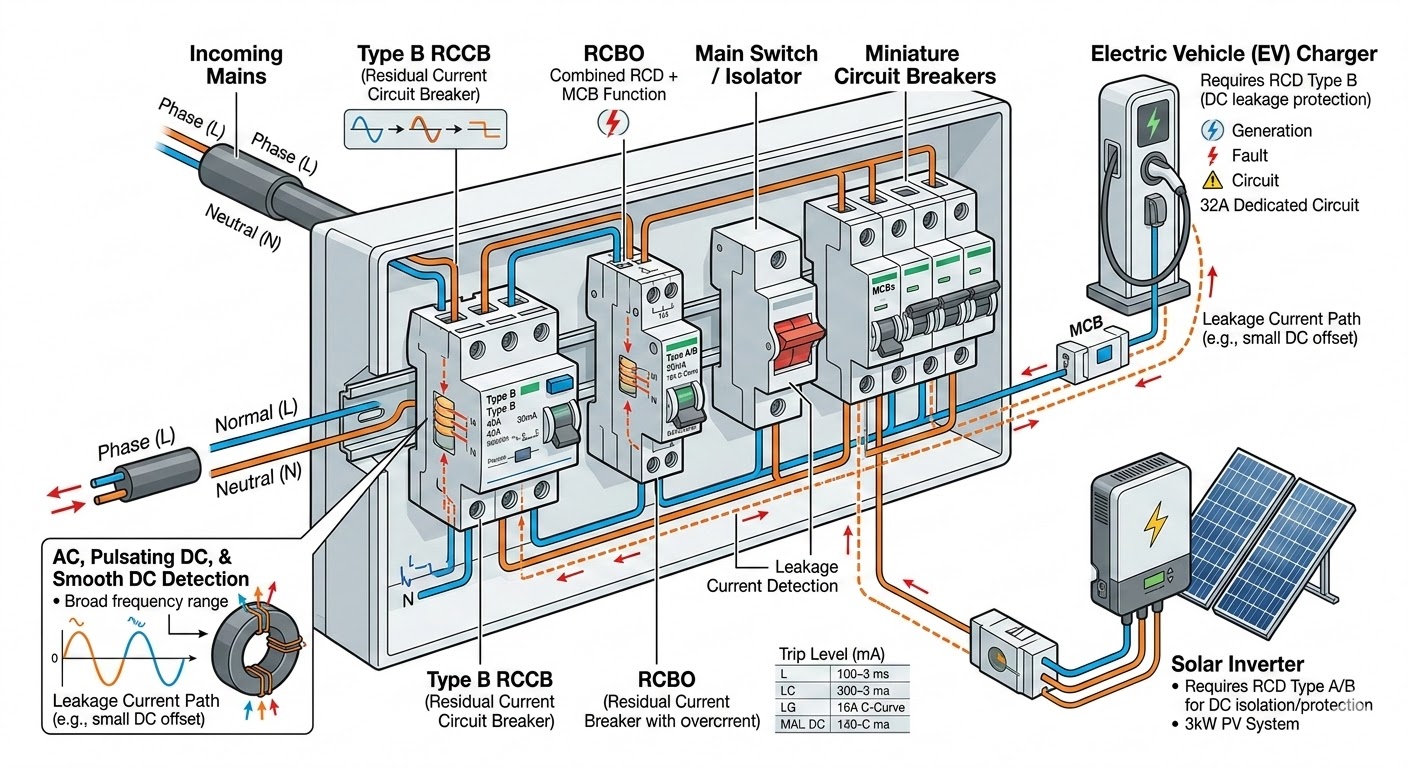 Technical diagram of a modern distribution board with Type B RCCB, RCBO, EV charger, and solar inverter connections.