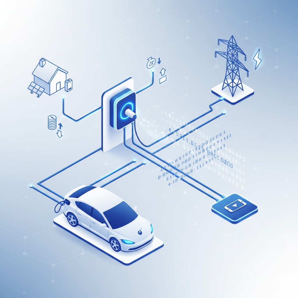 Smart EV charging wallbox diagram showing Vehicle-to-Grid (V2G) and home solar energy integration.