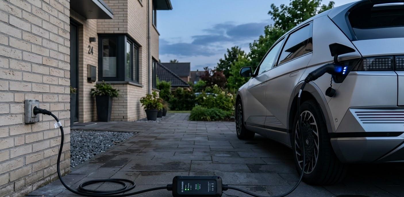 Portable EV charger with in-cable control box connected to a car in a modern driveway at dusk.