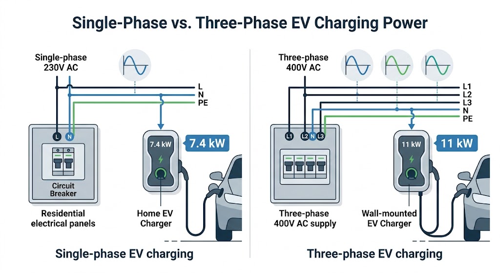 Technical infographic comparing single-phase (230V, 7.4kW) vs three-phase (400V, 11kW) EV charging. Shows electrical panels, circuit breakers, wiring diagrams (L, N, PE), and wallbox chargers connected to an electric car. Clean 2D vector style.