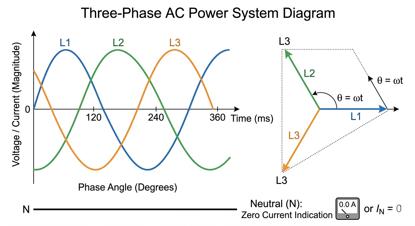 Technical diagram: three-phase AC waveforms, balanced phasor triangle, and zero neutral current.