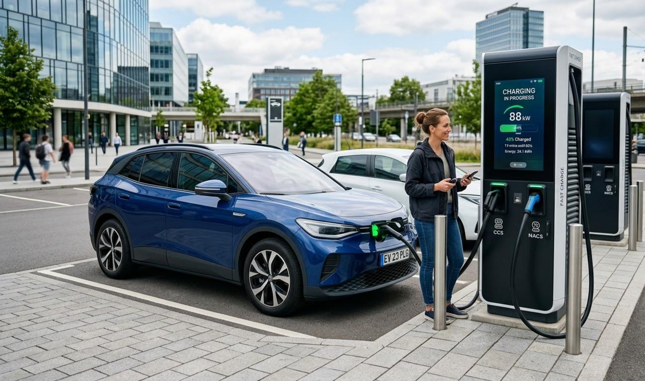 Blue EV SUV charging at a public DC fast station while a woman checks her phone in a modern city.