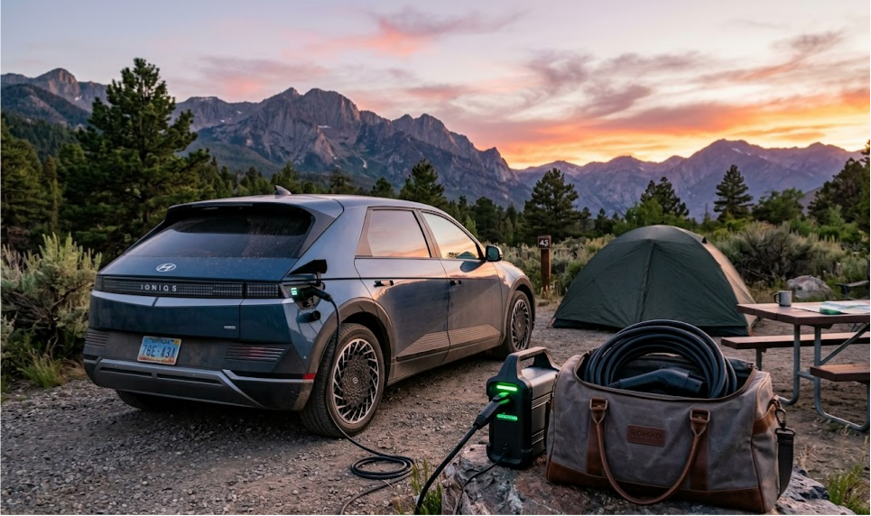 Blue Hyundai IONIQ 5 charging via portable station at a scenic mountain campsite during sunset.