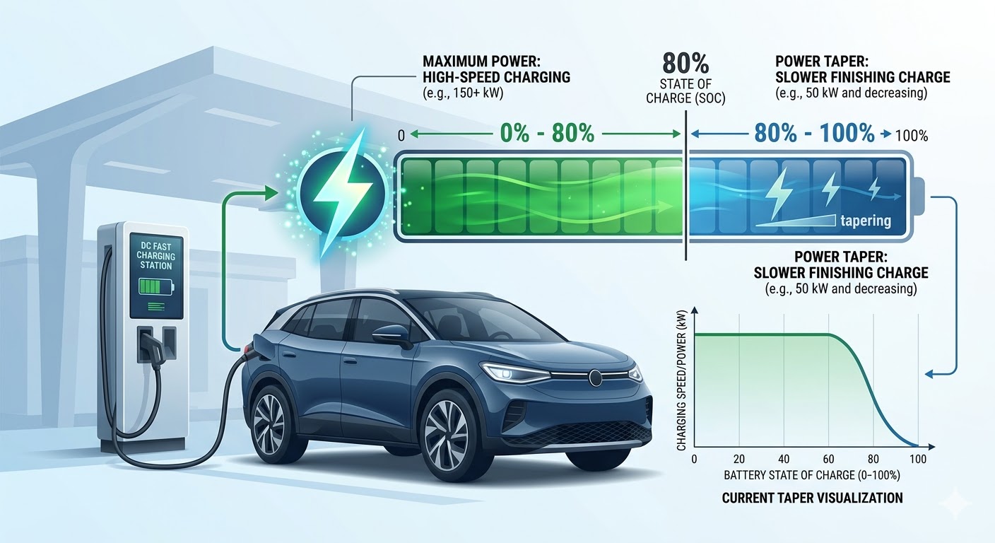 Infographic showing EV charging speed tapering from 150kW (0-80% SoC) down to 50kW (80-100% SoC).