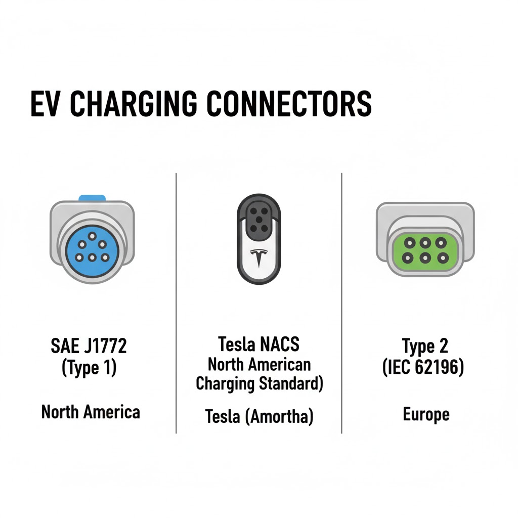 Compare global EV charging connectors: SAE J1772 (Type 1), NACS, and Type 2 (IEC 62196) for guaranteed compatibility.
