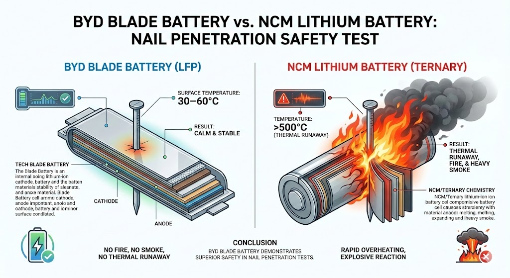 Infographic comparing BYD Blade Battery (LFP) vs. NCM Lithium Battery nail penetration safety test. Blade shows no fire/smoke; NCM shows thermal runaway with flames.