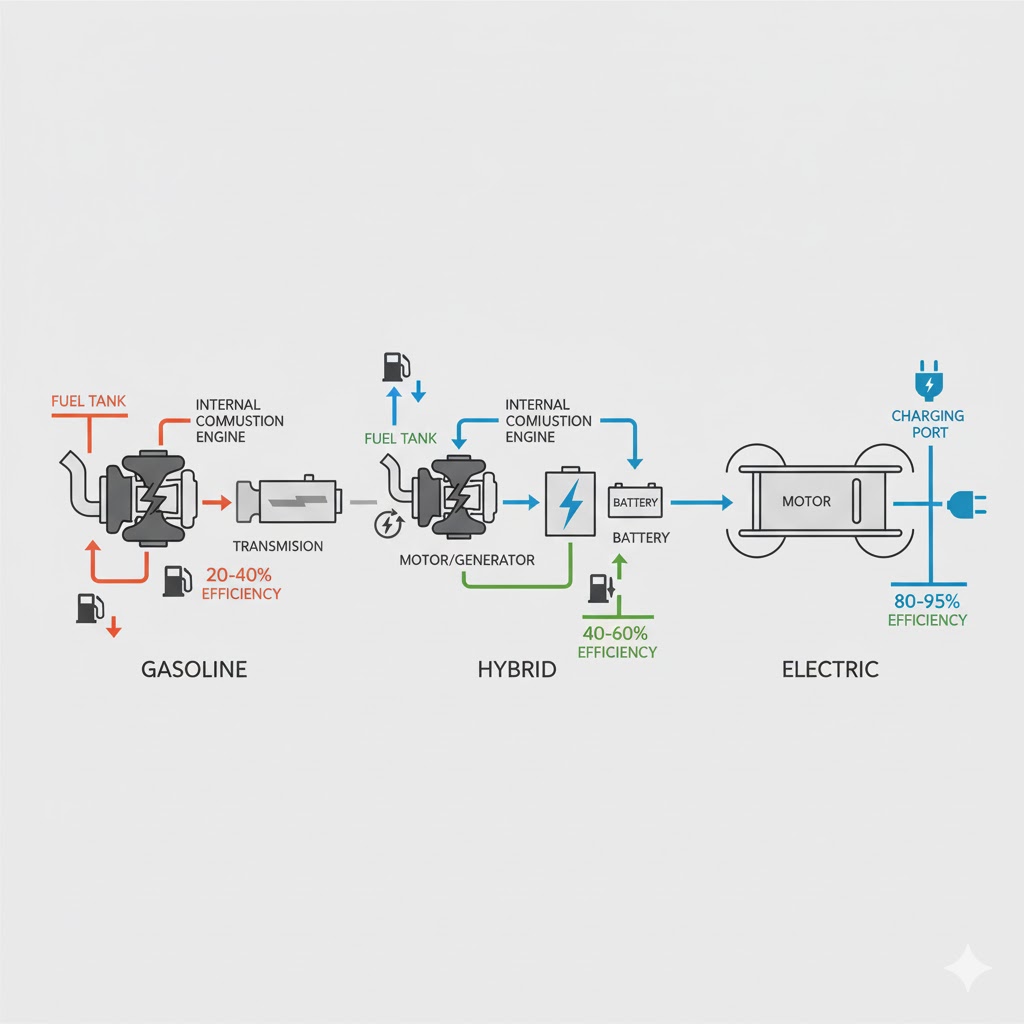 Diagram comparing energy flow and efficiency in gasoline, hybrid, and electric vehicles. Gasoline engines show 20–40% efficiency, hybrids 40–60%, and electric vehicles 80–95%, illustrating how energy moves from fuel or electricity to the motor