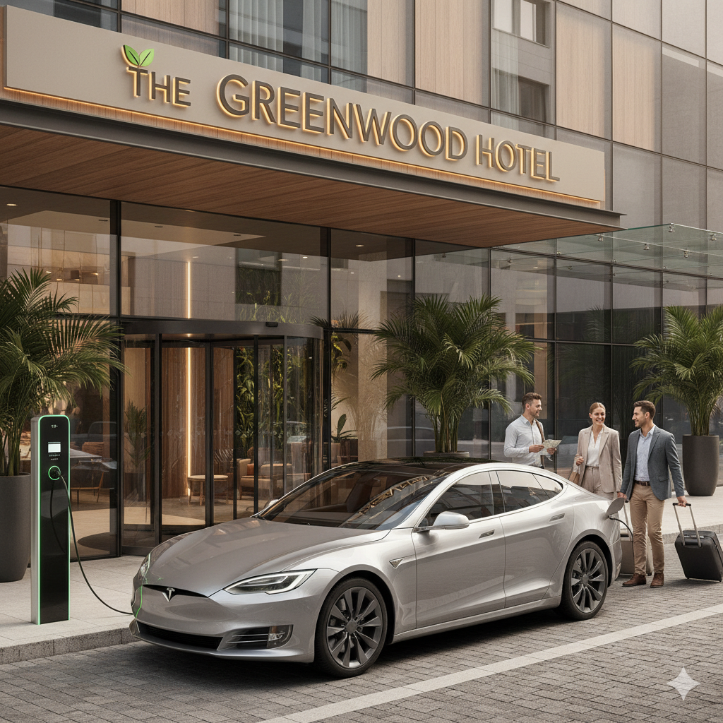 A clean infographic-style illustration showing three hotels (Hilton, Hyatt, IHG) with small EV charging icons in front of each building. Each hotel has a few electric cars plugged in. 