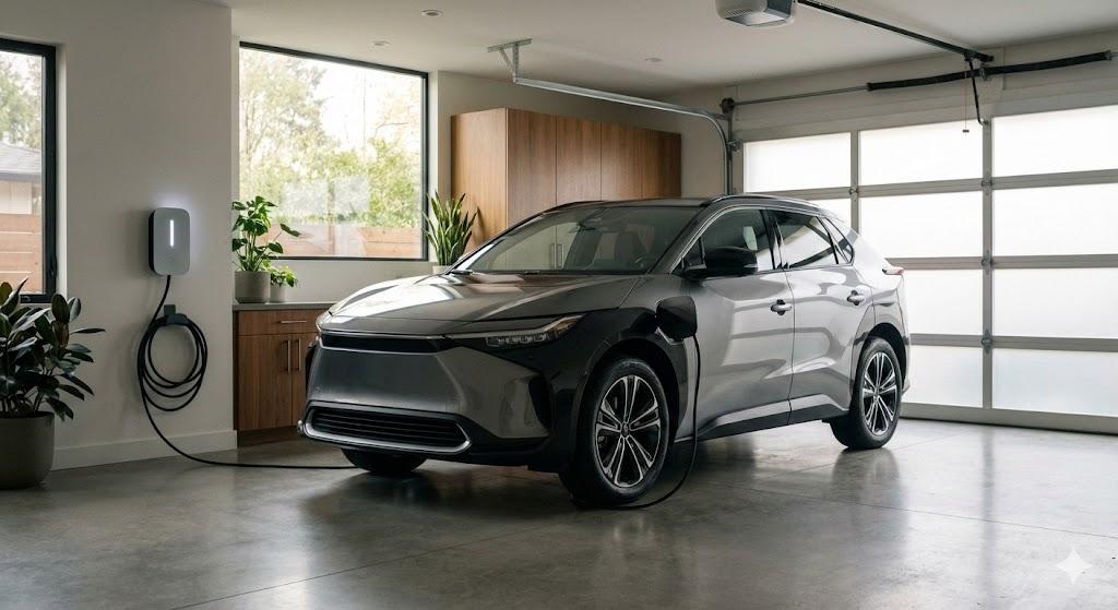 
A sleek Level 2 home wallbox EV charger with coiled cable is mounted in a bright garage, conveniently charging a modern electric SUV.
