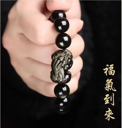 【只進不出】雙貔貅招財黑曜石手串