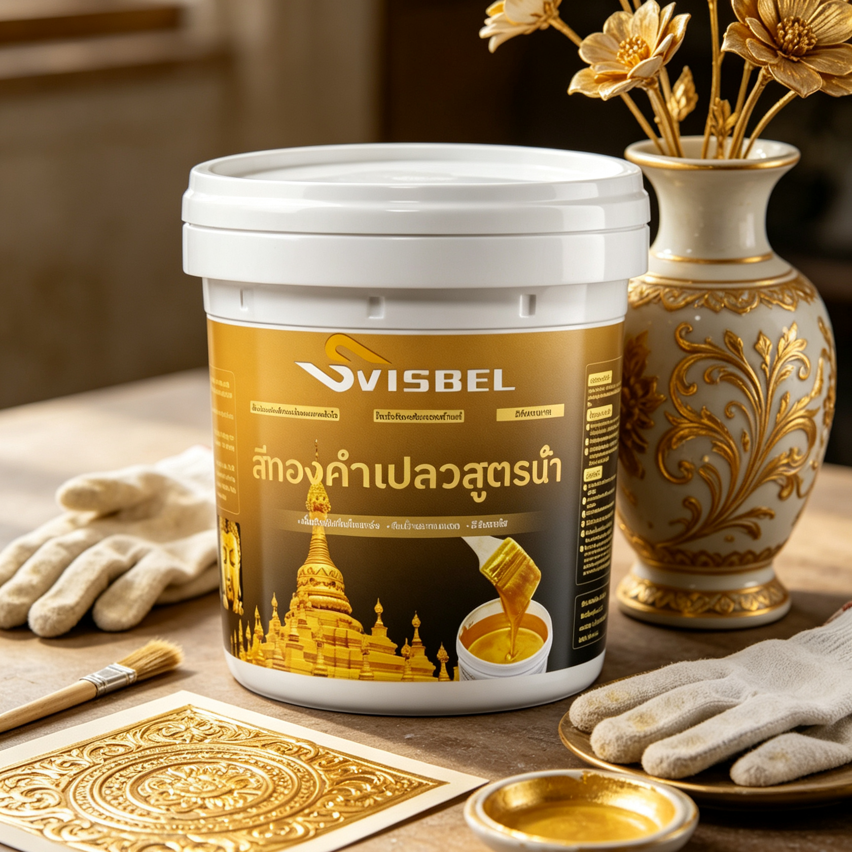 สีทองคำเปลวสูตรน้ำ – เงางามเหมือนทองจริง กันน้ำ ทนทาน ทาได้หลายพื้นผิว