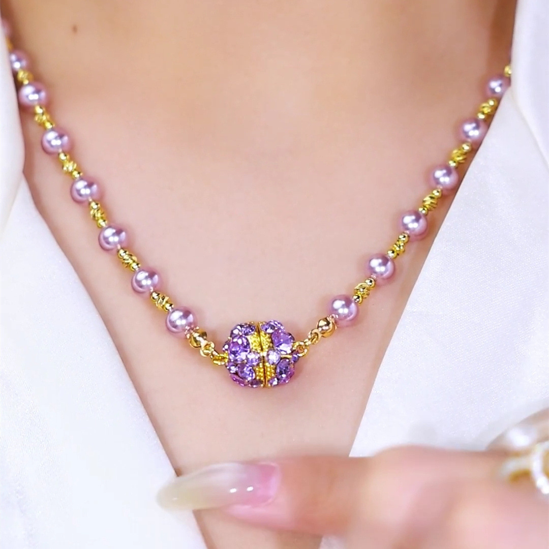 【有球必應】鑲鑽磁吸吊墜珍珠項鍊，磁吸設計戴取超方便，珍珠圓潤有光澤，鑽飾閃不俗