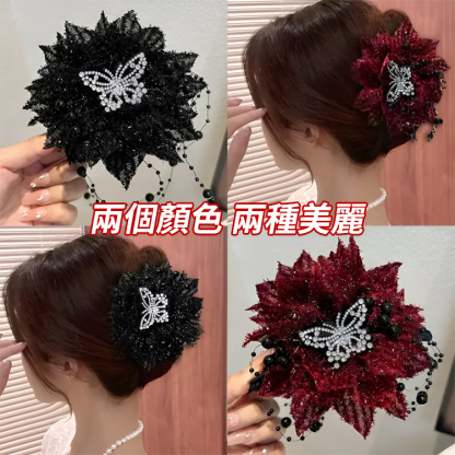 百搭氣質亮絲花朵蝴蝶流蘇抓夾