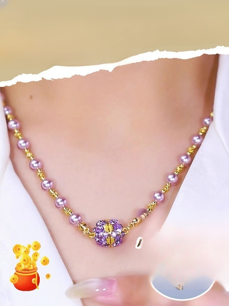 【有球必應】鑲鑽磁吸吊墜珍珠項鍊，磁吸設計戴取超方便，珍珠圓潤有光澤，鑽飾閃不俗