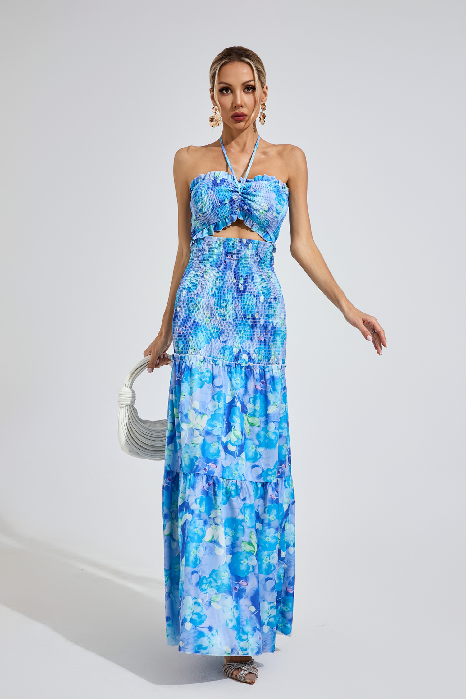 Nelson Sapphire Blue RUFFLE Halternecck Dress