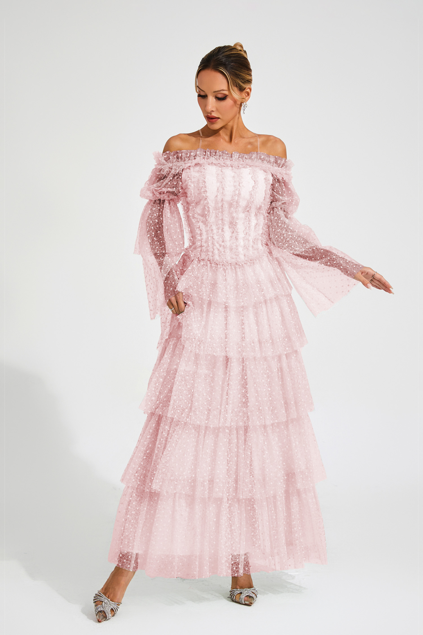 Joule Pink Mesh Tiered Dress