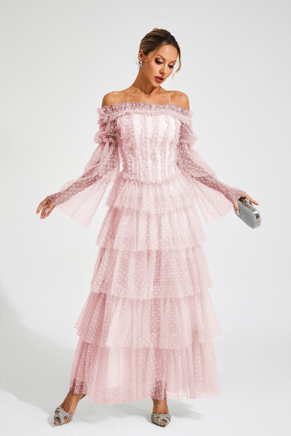 Joule Pink Mesh Tiered Dress