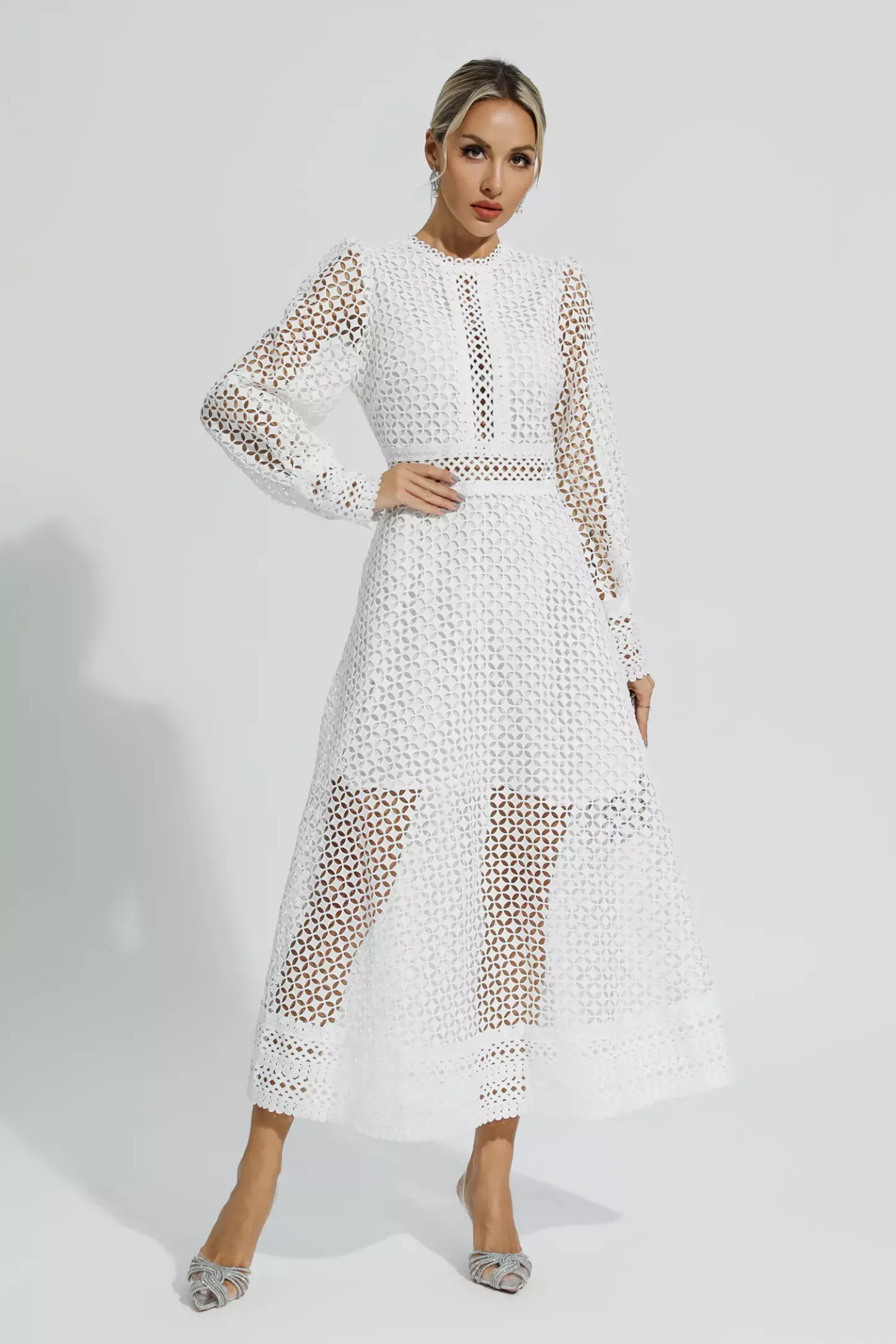 Conan White Hollow Long Sleeve Maxi Dress