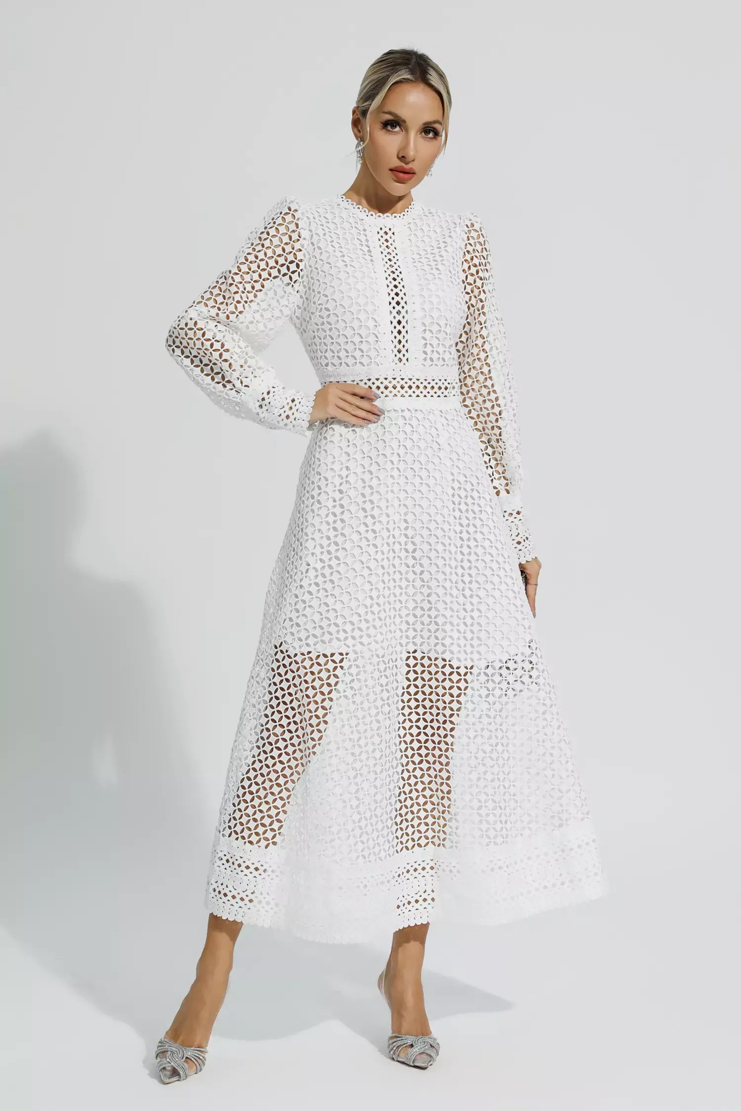 Conan White Hollow Long Sleeve Maxi Dress