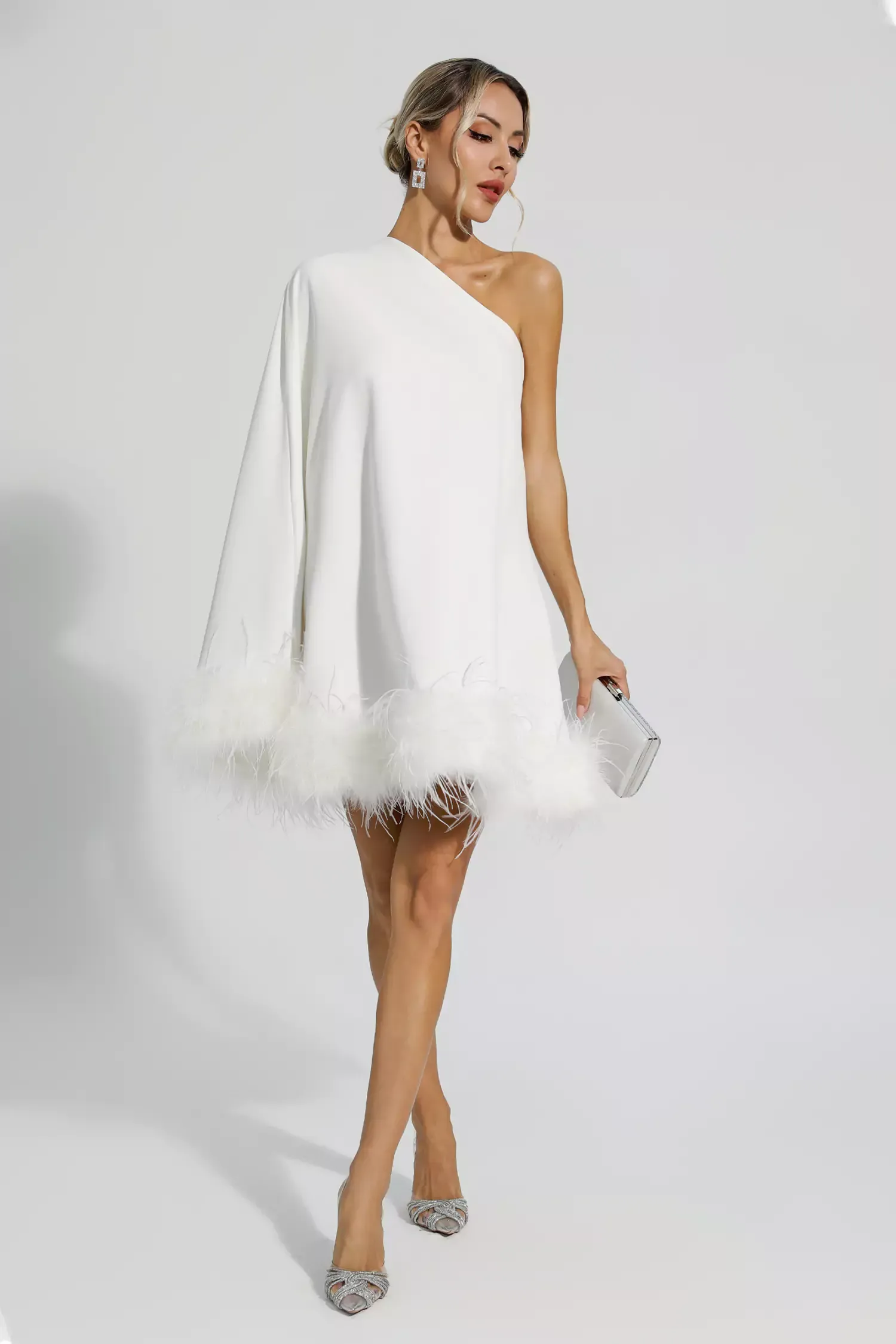 Crane White Feather Trim One Shoulder Mini Dress