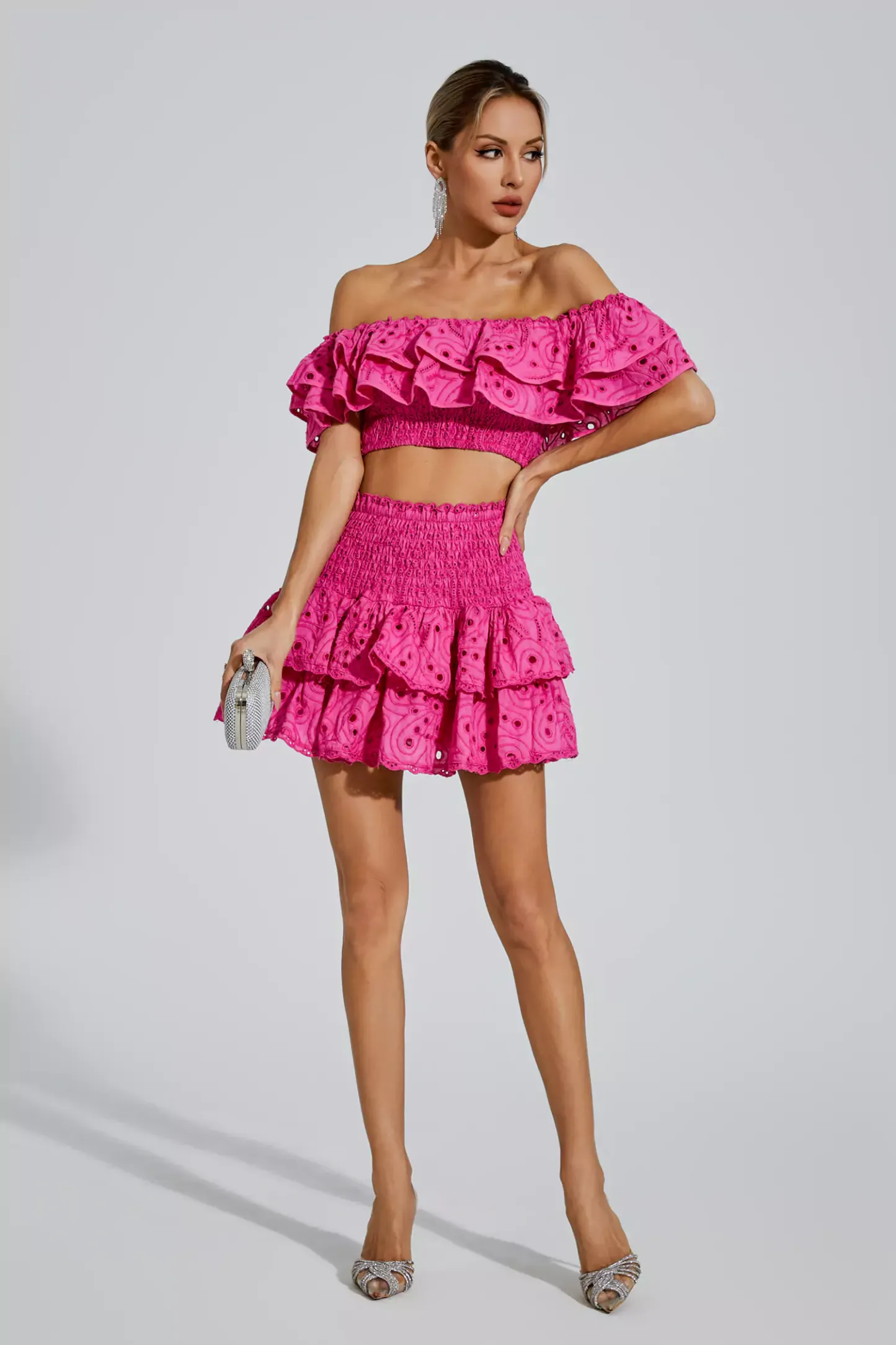 Janet Pink Floral Ruffle Off-Shoulder Set
