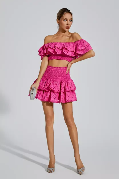 Janet Pink Floral Ruffle Off-Shoulder Set
