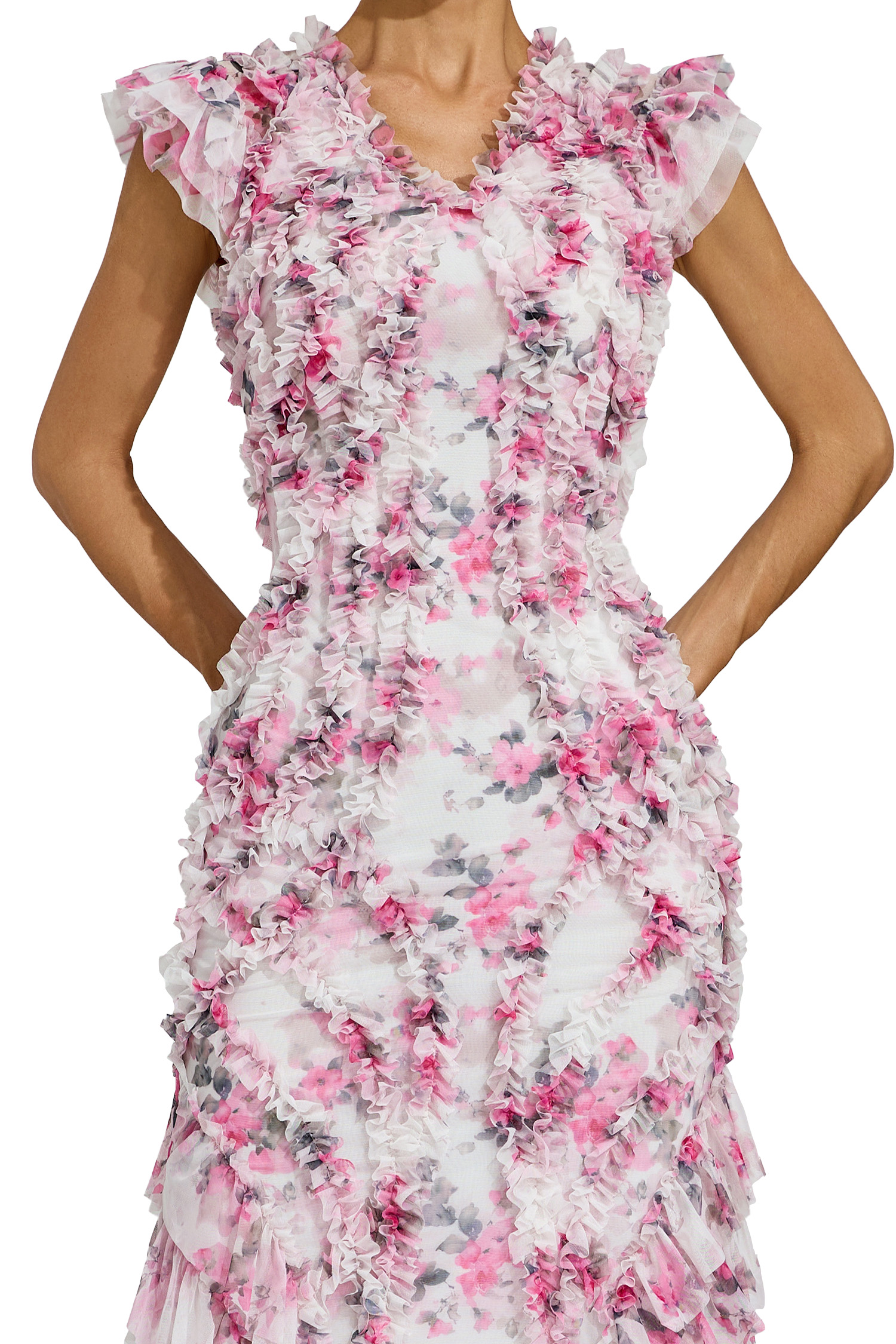Roderick Pink Mesh Floral Ruched Dress