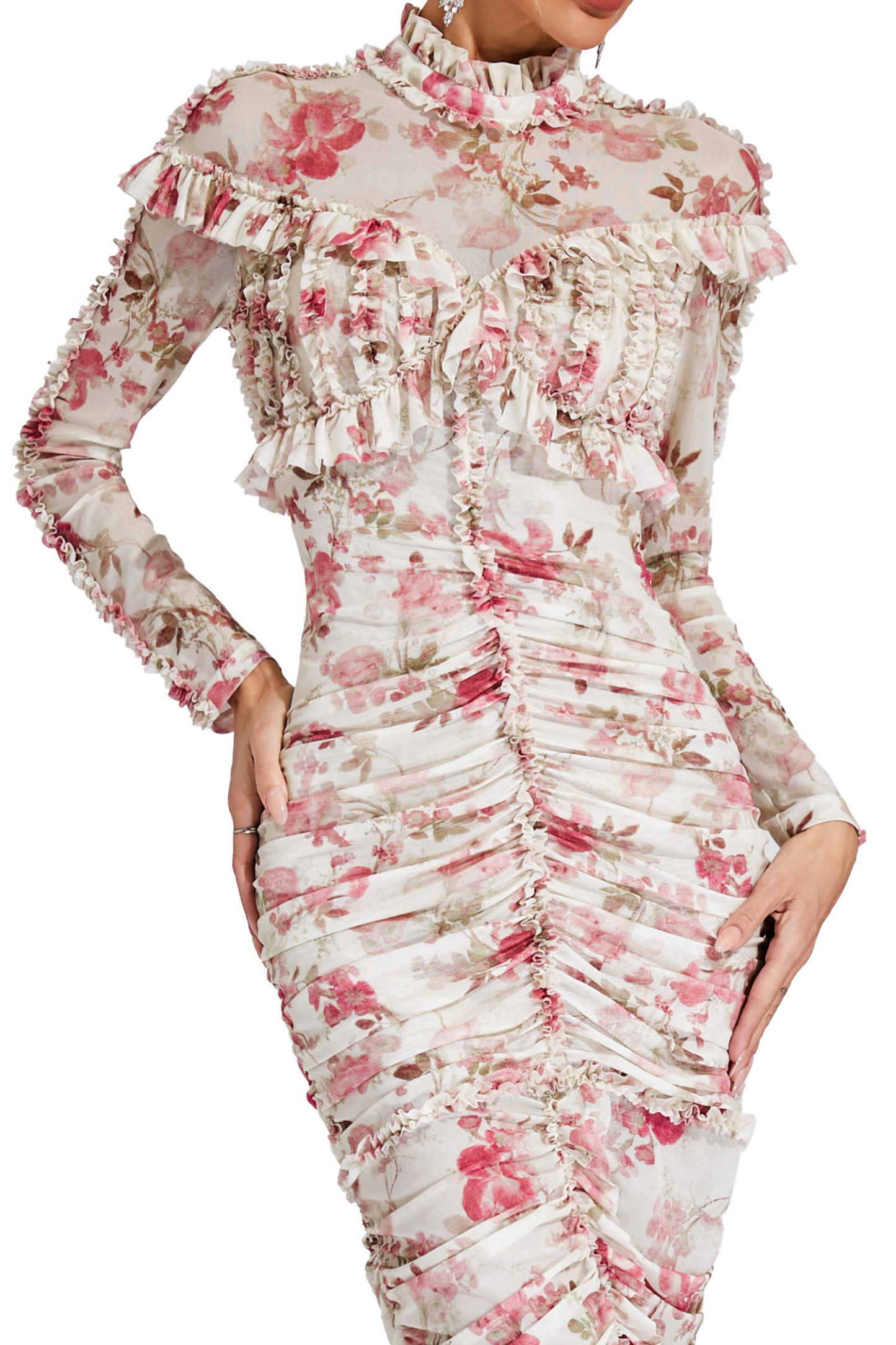 Nell Pink Ruched Floral Long Sleeve Dress