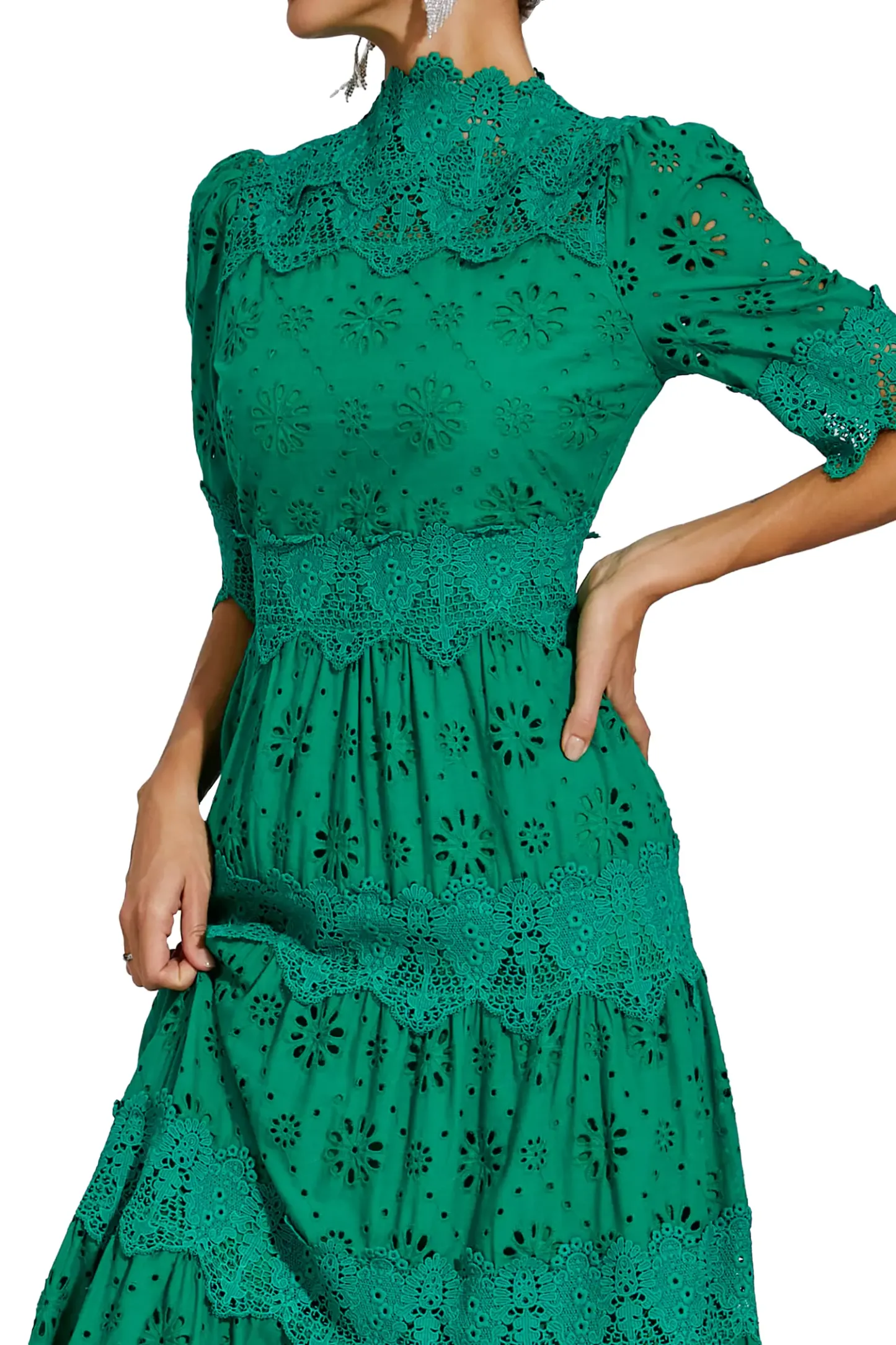 Epiphyllum Green Hollow Half Sleeve Midi Dress