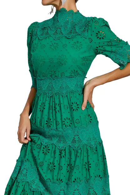 Epiphyllum Green Hollow Half Sleeve Midi Dress