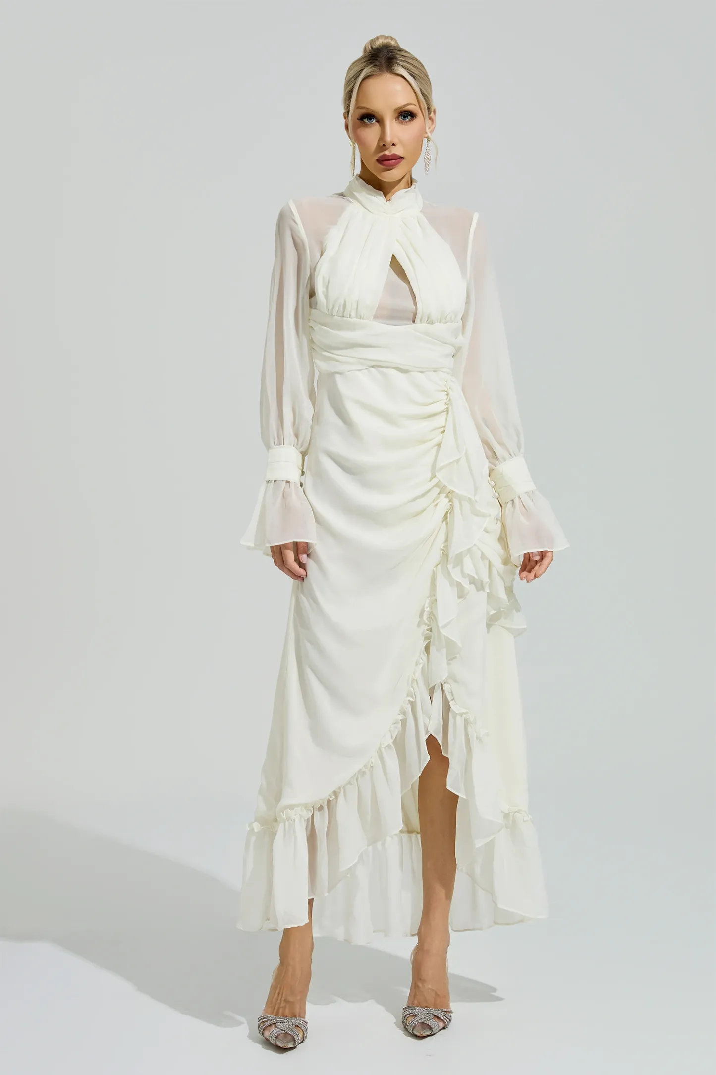 Cixous Apricot Ruffle Slit Maxi Dress