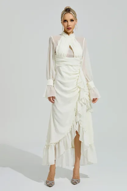 Cixous Apricot Ruffle Slit Maxi Dress