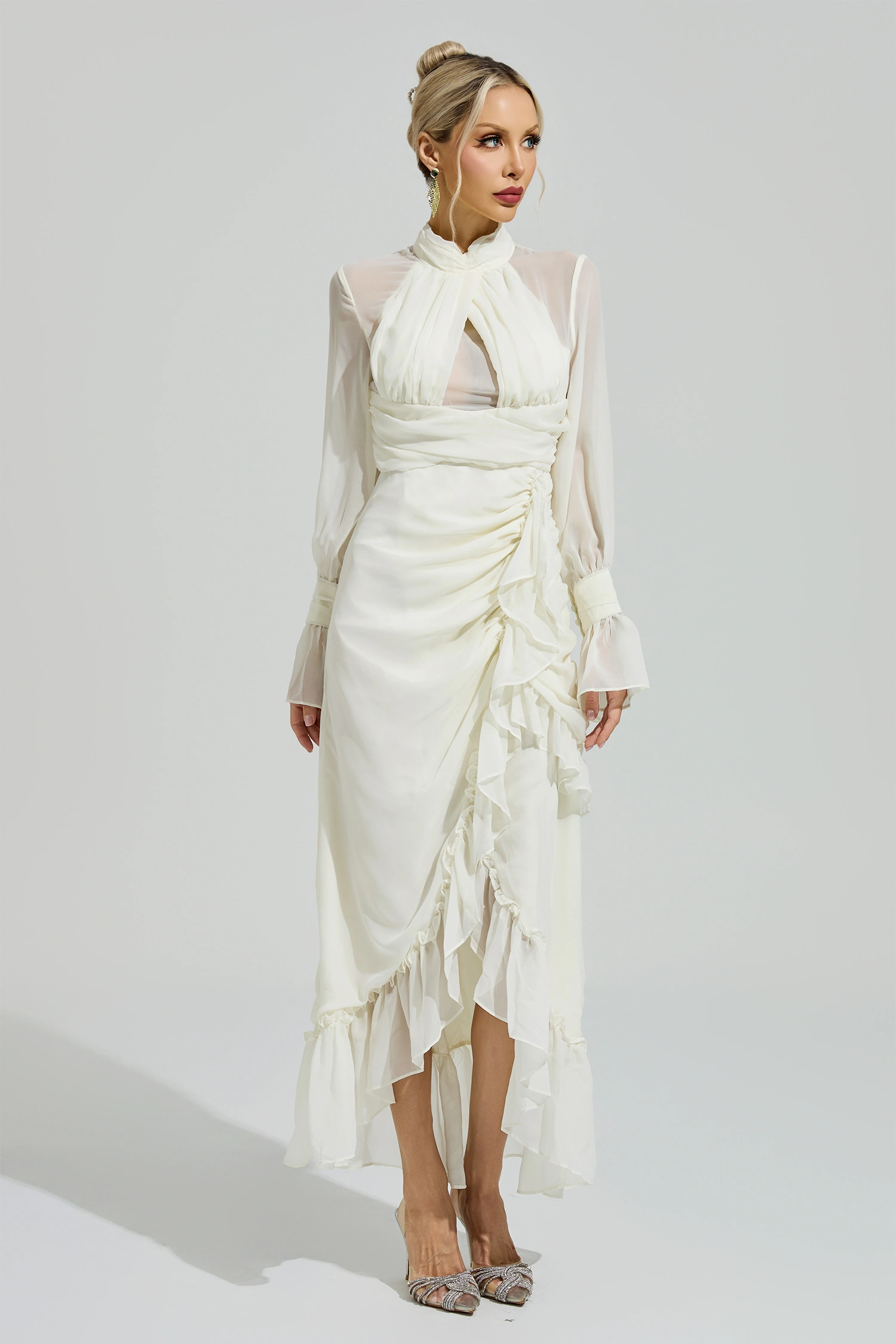 Cixous Apricot Ruffle Slit Maxi Dress