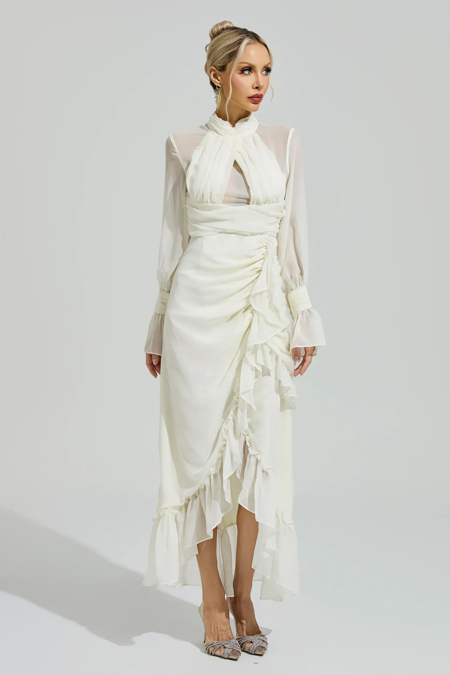 Cixous Apricot Ruffle Slit Maxi Dress