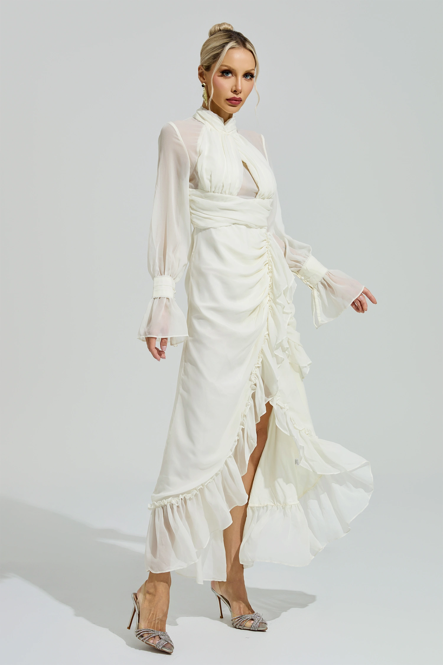 Cixous Apricot Ruffle Slit Maxi Dress