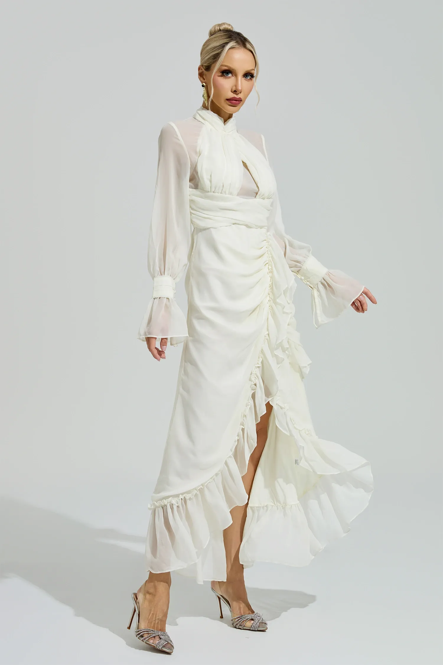 Cixous Apricot Ruffle Slit Maxi Dress