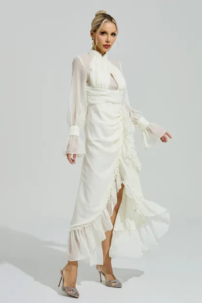 Cixous Apricot Ruffle Slit Maxi Dress