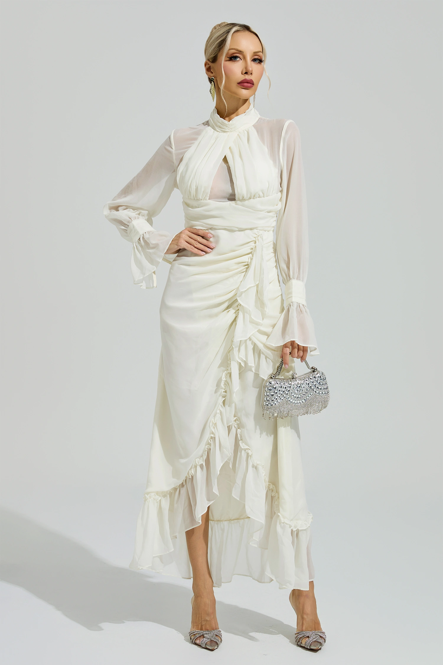 Cixous Apricot Ruffle Slit Maxi Dress