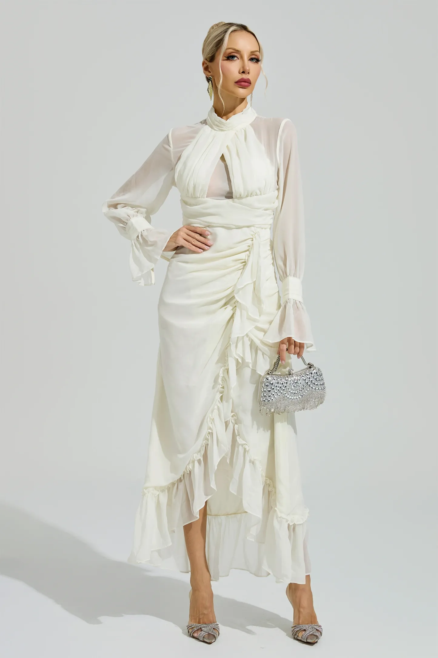 Cixous Apricot Ruffle Slit Maxi Dress