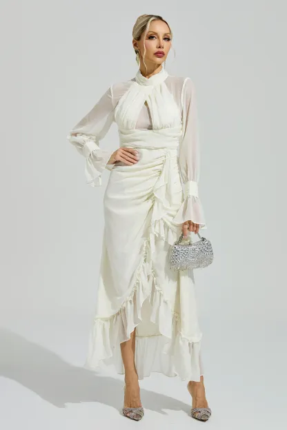 Cixous Apricot Ruffle Slit Maxi Dress